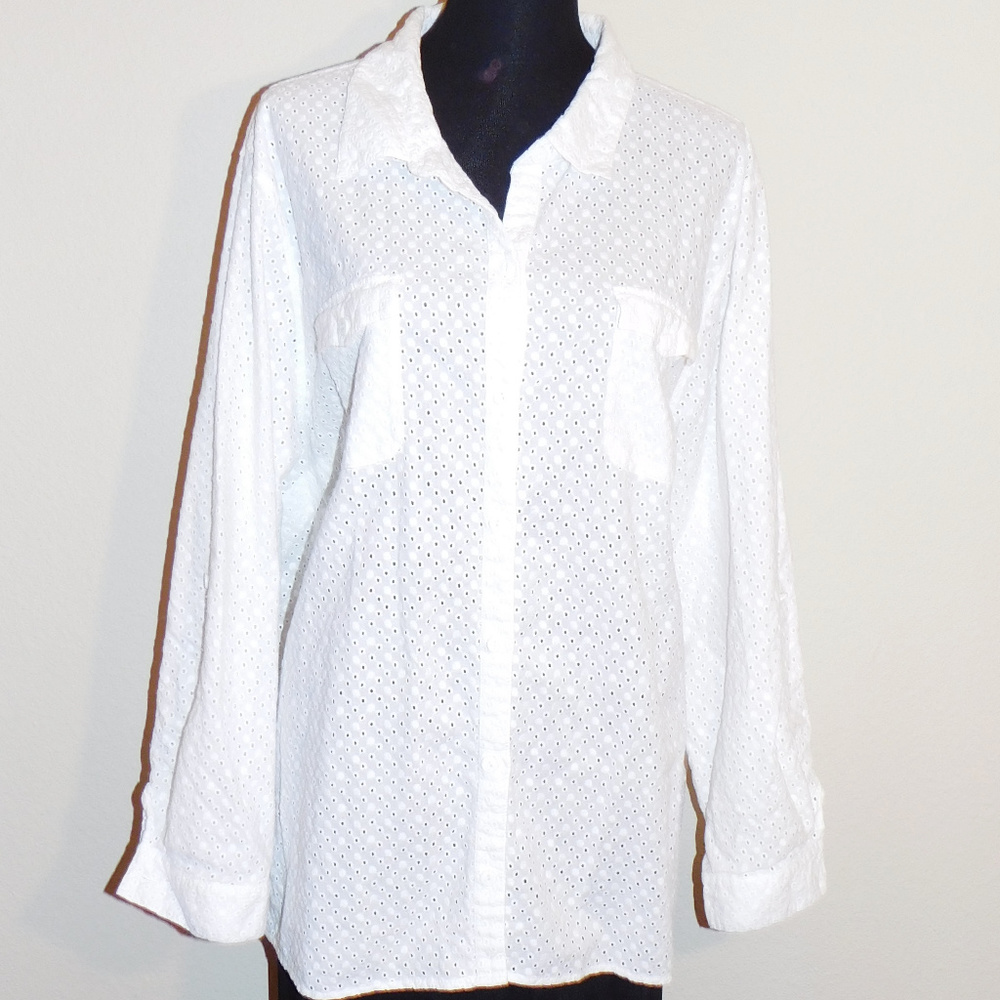 3X Liz & Me White Embroidered Buttoned Top EUC